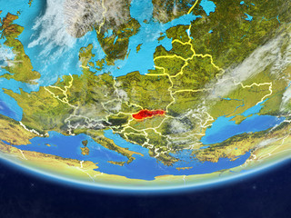 Slovakia on realistic model of planet Earth with country borders and very detailed planet surface and clouds.