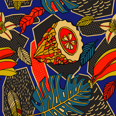 Print flowers and fruits. Tropical pattern.