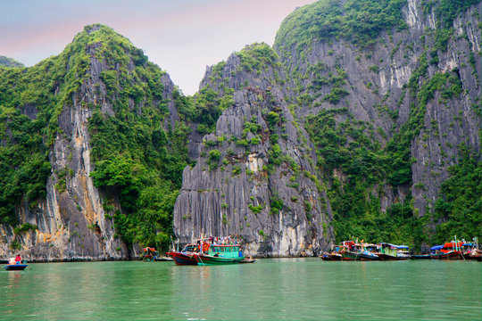 Halong, Vietnam, Rocks. Halong Bay is located in the Gulf of Tonkin just 180 kilometers from Hanoi. UNESCO world heritage site in Vietnam.