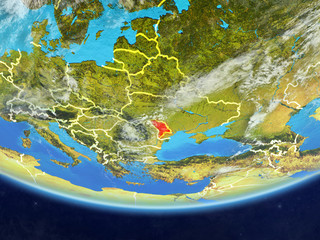 Moldova on realistic model of planet Earth with country borders and very detailed planet surface and clouds.