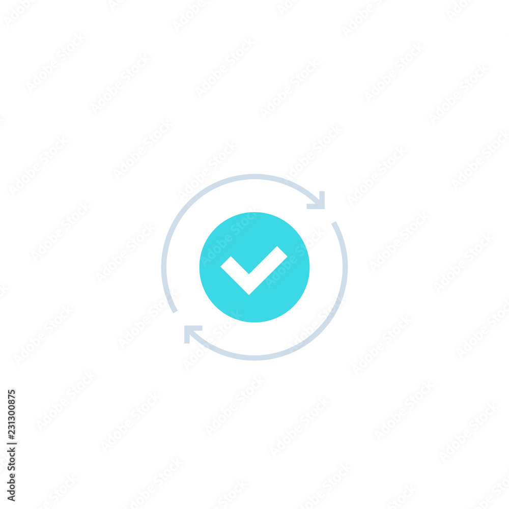 Sticker exchange, convertation completed icon with checkmark and arrows in circle