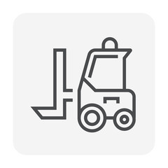 Forklift vector icon. May called fork truck or lift truck. Elevator machine equipment or vehicle for heavy industrial work in warehouse, factory i.e. lift up, raise and delivery. Editable stroke.