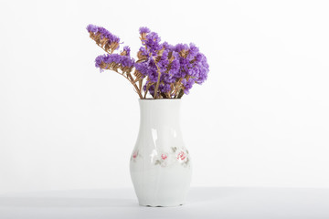 Purple dried plant in a white vase