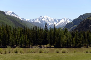 Mountain landscape in the area of the abandoned Aktash hydroelectric station. Altai Republic