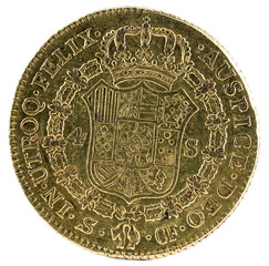 Ancient Spanish gold coin of King Carlos III. With a value of 4 escudos and minted in Sevilla. 1773. Reverse.