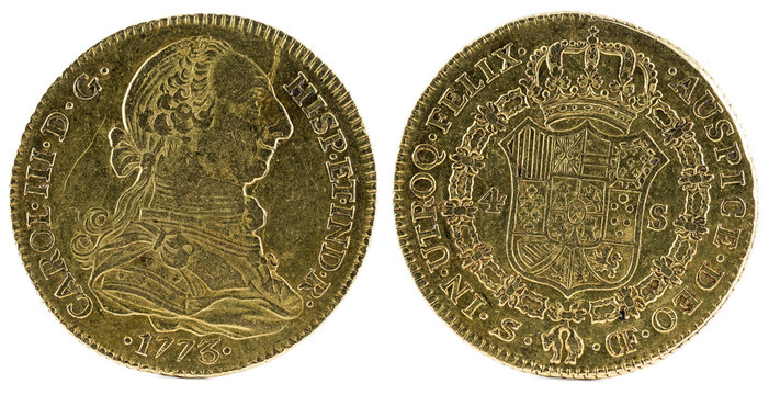 Ancient Spanish gold coin of King Carlos III. With a value of 4 escudos and minted in Sevilla. 1773.