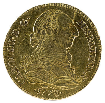 Ancient Spanish gold coin of King Carlos III. With a value of 4 escudos and minted in Sevilla. 1773. Obverse.