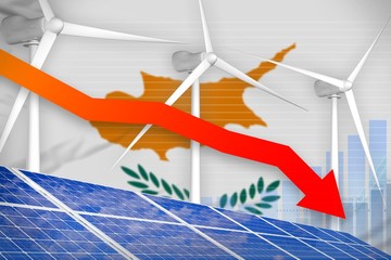 Fototapeta premium Cyprus solar and wind energy lowering chart, arrow down - alternative natural energy industrial illustration. 3D Illustration