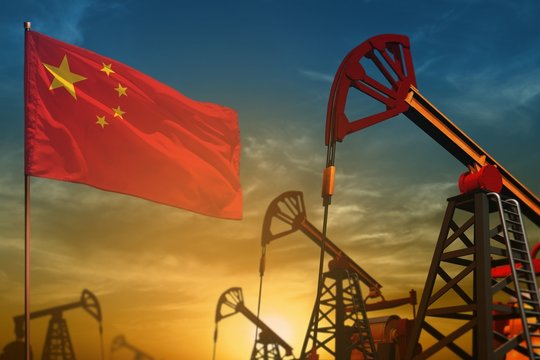 China oil industry concept. Industrial illustration - China flag and oil wells against the blue and yellow sunset sky background - 3D illustration