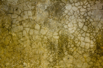 Old yellow gray concrete wall with cracks in the dirt stains. mold on the
