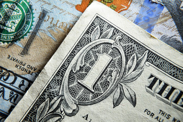 Dolar USA close up. Macro texture of a fragment of the dollar bill. USD banknote texture. One...