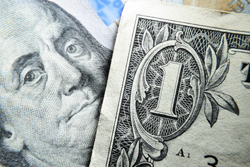 Dolar USA close up. Macro texture of a fragment of the dollar bill. USD banknote texture. One...