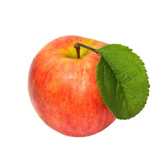Red apple with green leaf on white background top view