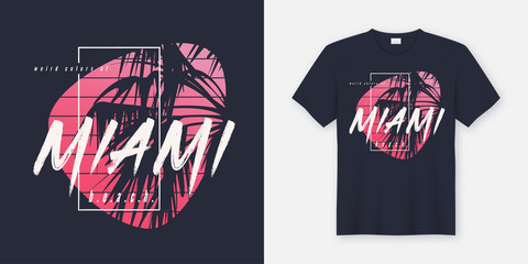 Colors of Miami beach graphic tee vector design with palm tree - obrazy, fototapety, plakaty