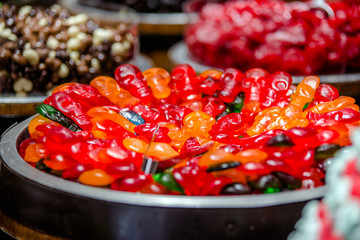 Candy from fruit pastille on the counter in the store 