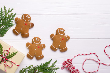 Christmas frame with gingerbread cookies, Christmas tree, pine cones, toys. Copy space for text. winter holidays. Christmas mock-up