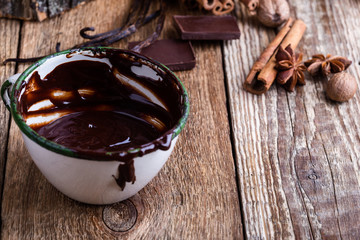 Glaceed orange slices and melted chocolate, making delicious dessert