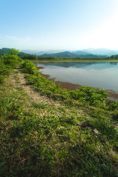 Great landscape between the historical town Masuleh in Gilan Province and a lake with fields, Iran. 