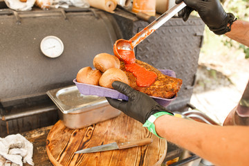 grilled meat with sauce and bread