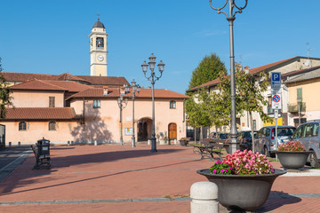 Gerenzano, historical center of the town near the town hall, province of Varese, Lombardy, about 25 kilometres (16 mi) from Milan, Italy with Parish holy apostles Peter and Paul, square XXV Aprile