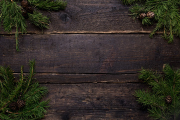 Winter background with wooden table and Christmas tree