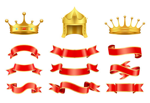 Gold crown with jewel, helmet and red ribbons set