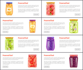 Preserved fruit and vegetables set vector icons