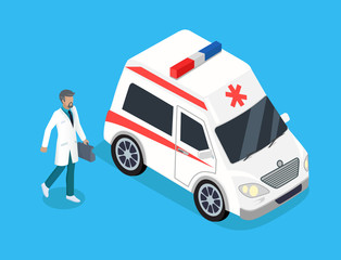 Paramedic with Medicine Kit and Ambulance Car