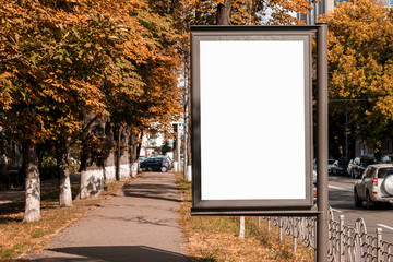 empty white citylight near the pedestrian road. blank vertical billboard on the street during autumn, Blank template.