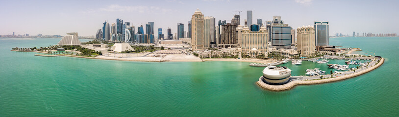 The skyline of Doha, Qatar. Modern rich middle eastern city of skyscrapers, aerial view in good...