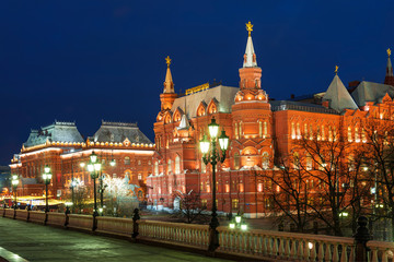 Fototapeta na wymiar Winter night Moscow. View of the Historical Museum from Manezh square. Russia