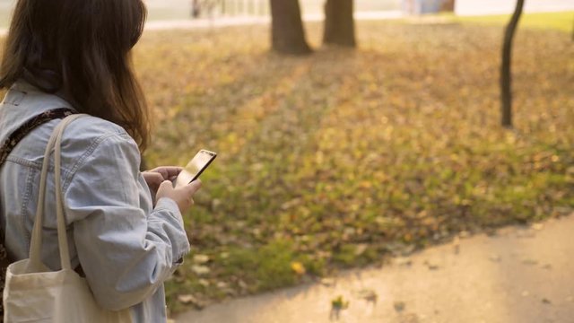 Young girl addictive to a cell phone typing in the middle of the park.