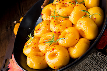 delicious autumnal dumplings with hokkaido pumpkin puree