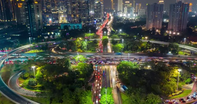 JAKARTA, Indonesia - October 31, 2018: Beautiful aerial hyperlapse of traffic jam on rush hour at Semanggi bridge in Jakarta, Indonesia. Shot in 4k resolution