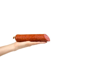 smoked salami sausage piece with hand, isolated on white background, copy space template