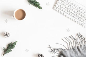 Christmas decorations, plaid, pine cones, fir tree branches, cup of coffee on white background....