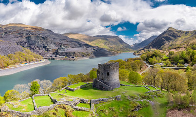 Aerial of Dolbadarn Castle at Llanberis in Snowdonia National Park in Wales