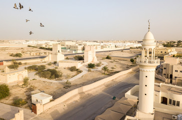 Barzan watchtowers and a mosque. Ancient Arabian fortification. Aerial drone foto with flock of...