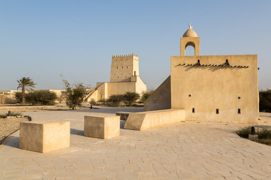Barzan watchtowers and an Old mosque, Umm Salal Mohammed Fort Towers, ancient Arabian fortification near Umm Salal Muhammad town and Doha city, Qatar