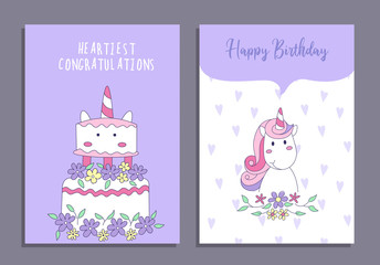 Happy Birthday greeting cards set with unicorn cake and cute unicorn. Vector illustration