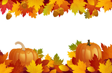 Naklejka na ściany i meble Colorful autumn background with pumpkins and leaves. Fall vector illustration