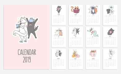 Cats cute calendar for 2019 with doodled kitties. Vector planner illustration for New Year.