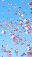 Flying euro banknotes isolated on a blue background. Money is flying in the air. 500 EURO in color. 3D illustration