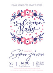 Welcome Baby cute card invitation with lettering and baby footprints. Baby shower card design. Vector illustration