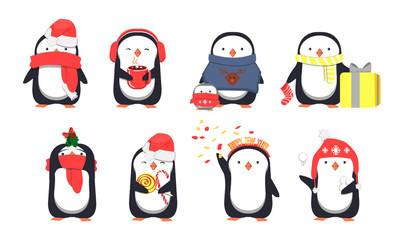 Set of cute Christmas penguins. Vector illustration © Microstocker.Pro