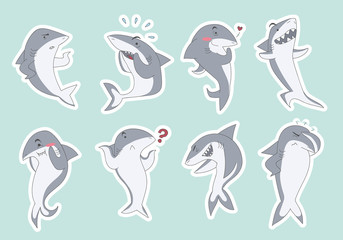 Cute sharks set. Marine animals with different emotions. Vector illustration