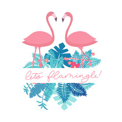 Let's flamingle lettering inscription for party or greeting card. Cute pink flamingo with tropical leaves. Vector cute summer quote,﻿
