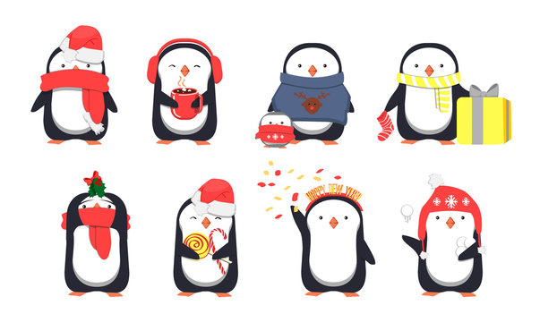 Set of cute Christmas penguins. Vector illustration