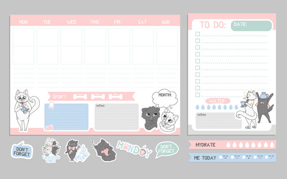 Weekly planner cute design with cats. Vector illustration
