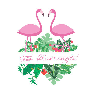 Let's flamingle lettering inscription for party or greeting card. Cute pink flamingo with tropical leaves. Vector cute summer quote,﻿